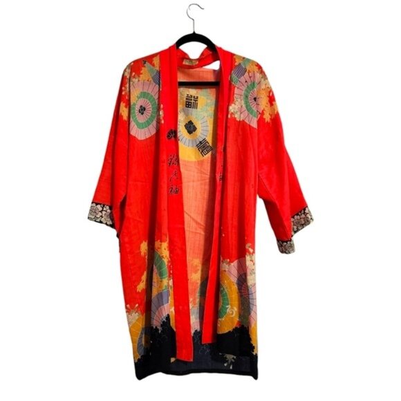 ANTIQUE 1930's‎ Japanese Kimono Yuzen Zome floral Wagasa print in red 30's - Picture 2 of 16